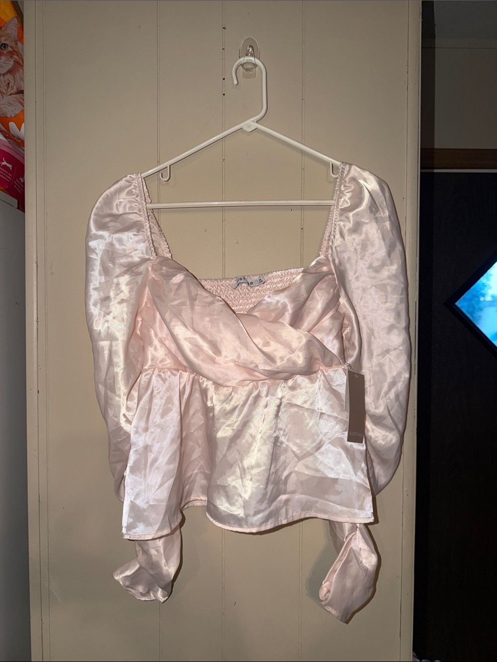 JustFab Pale Pink Smocked Satin Top with Puff Detail
